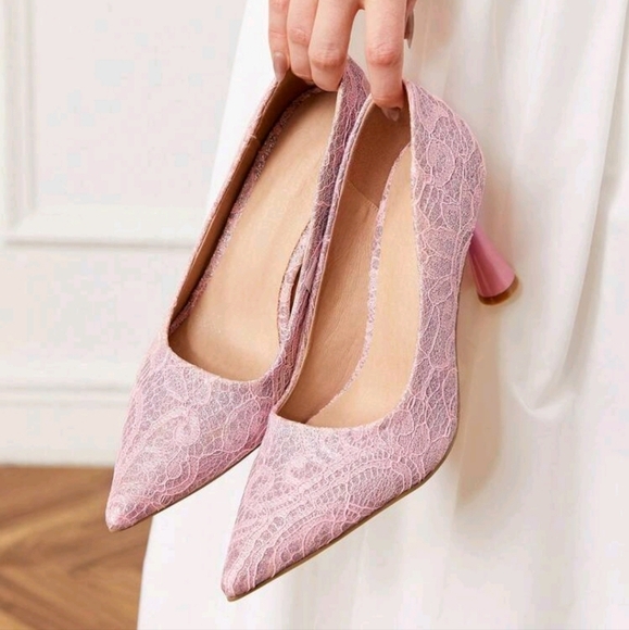 Elegant Pink Lace Pointed Toe High Heel Pumps,Comfortable Party Shoes For Women - Picture 1 of 5